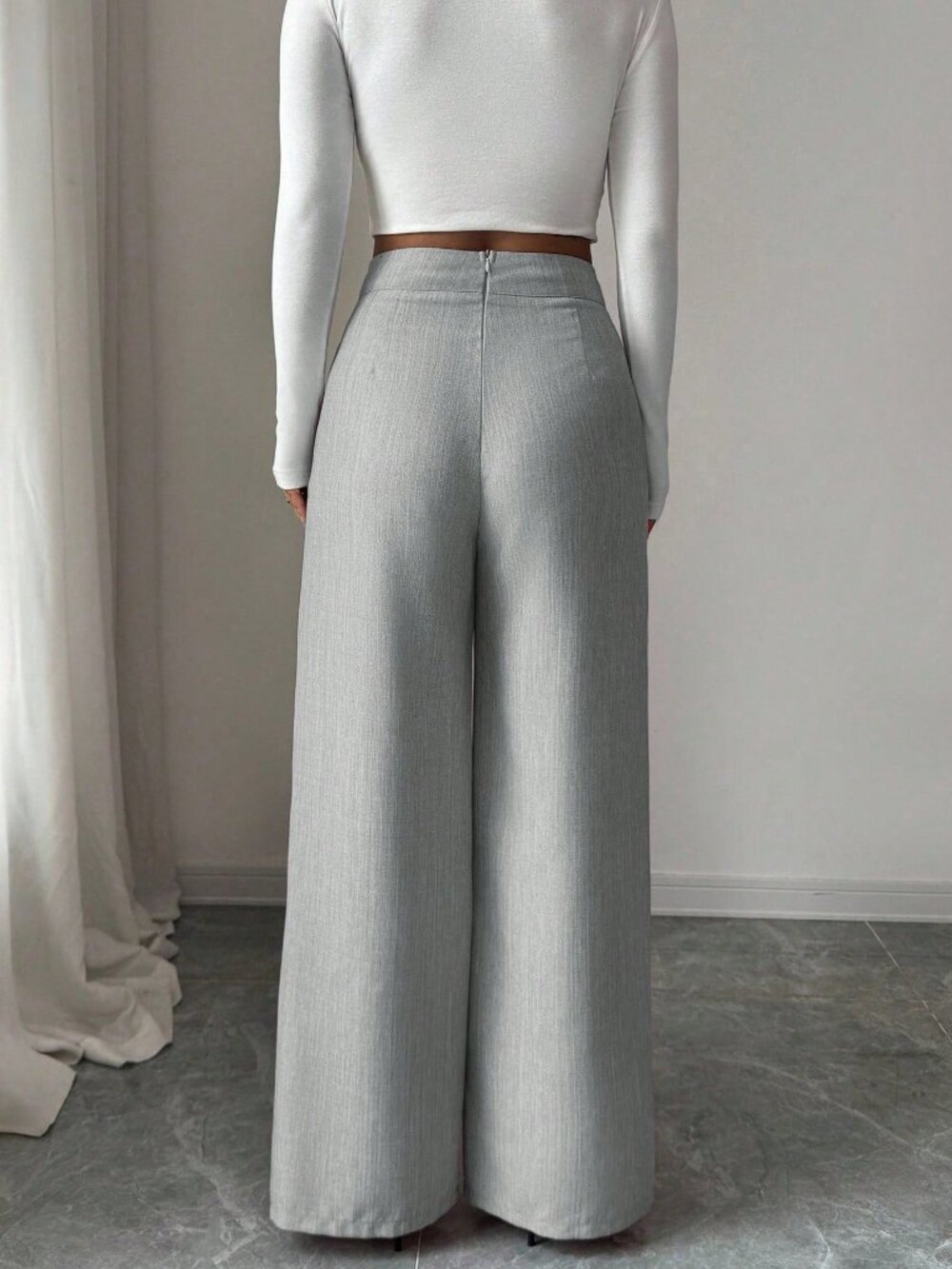 Grey Casual Women's Work Office Loose Flowy Straight Leg Pants - Picture 2 of 7